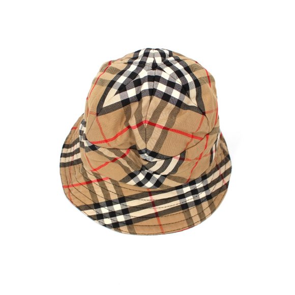 Burberry Tan Nova Check Banded Stitched Brim Bucket Hat OS Red Plaid Vintage - Picture 3 of 6